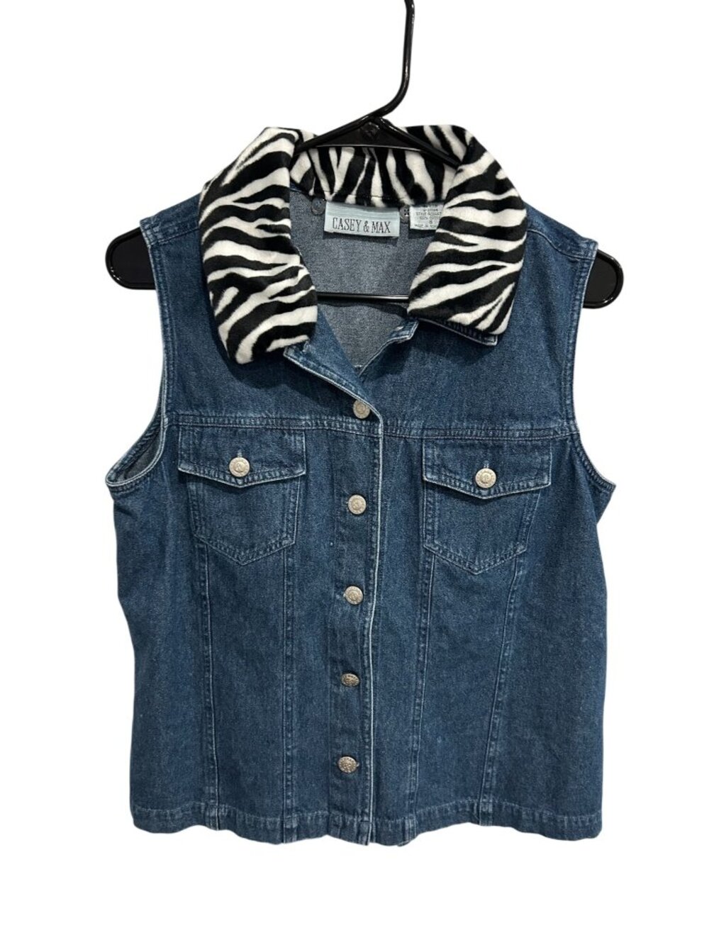 Casey & Max Medium Denim Vest Zebra Detachable Collar Y2K Statement Style